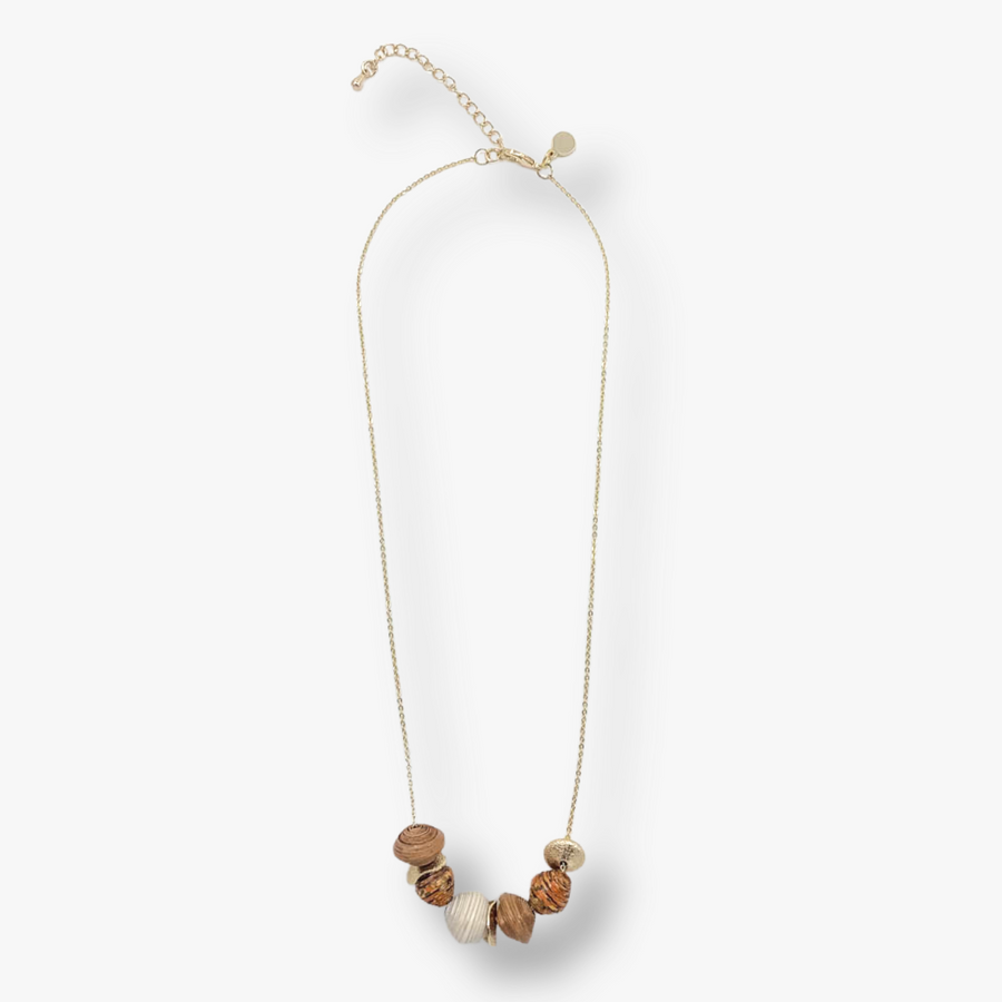 ethically made necklace on 18k gold plated chain with handmade paper beads