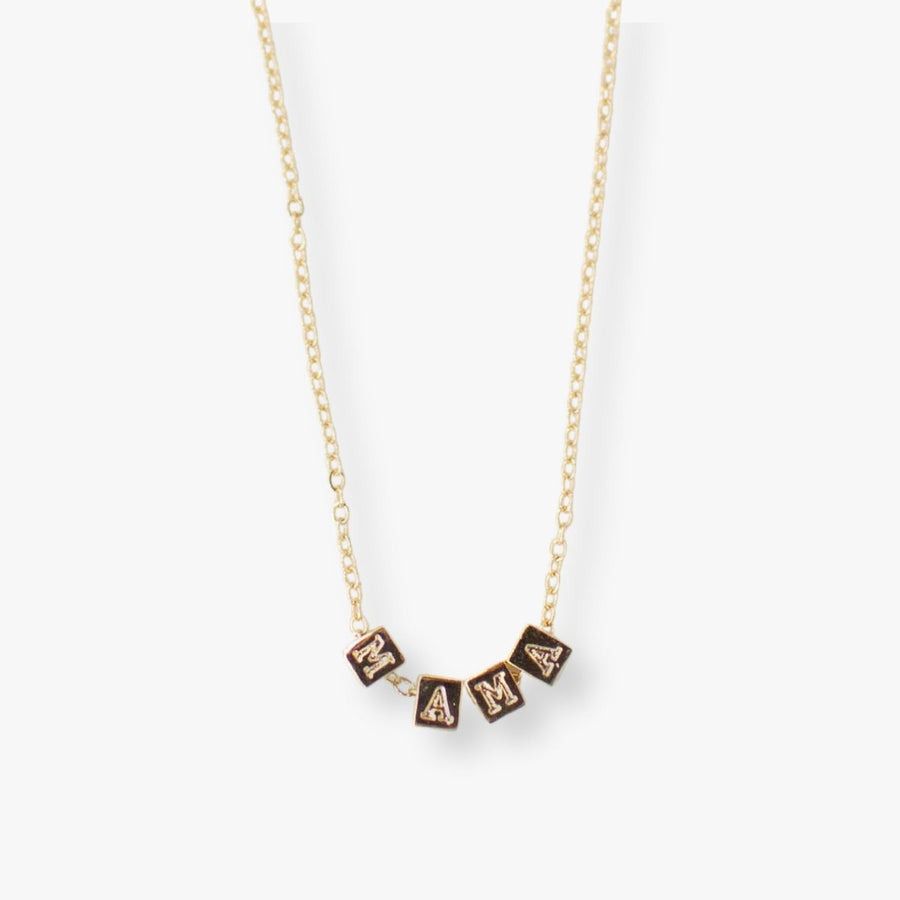 Ethical made 14k gold plated chain necklace with MAMA block letters with extender and handmade paper beads.