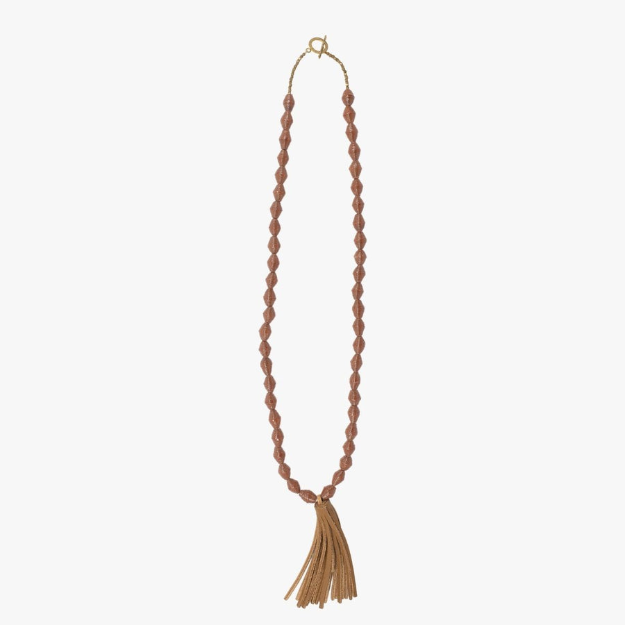 The Chai Necklace: brown handmade paper beads with fair trade certified leather tassel necklace by artisans in the Horn of Africa