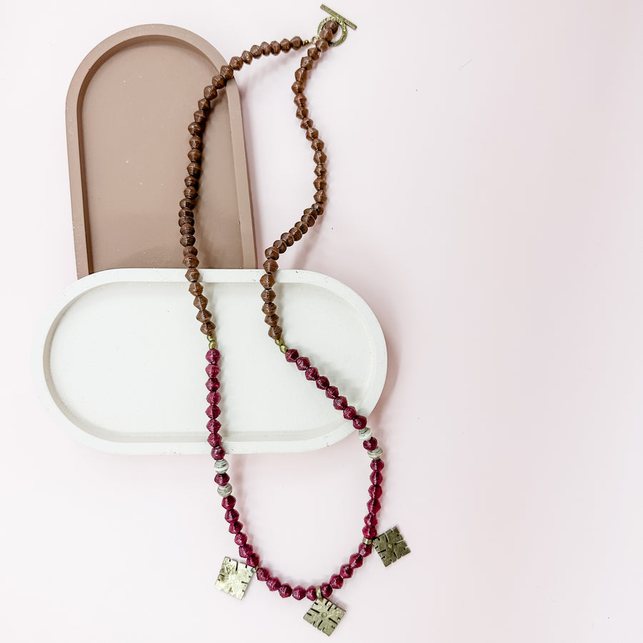 brass and beaded long necklace maroon and brown