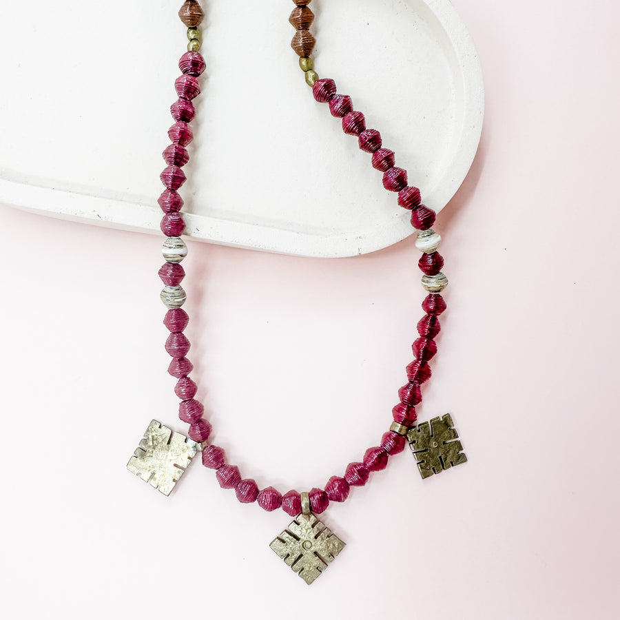 brass and beaded long necklace maroon and brown