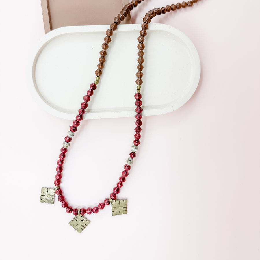 brass and beaded long necklace maroon and brown