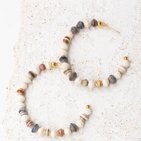 ethically made handmade paperbeaded gold hoops