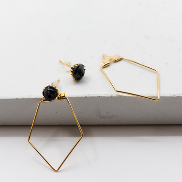 Ethically made earrings with 18k gold  geometric shapes and black paper bead studs