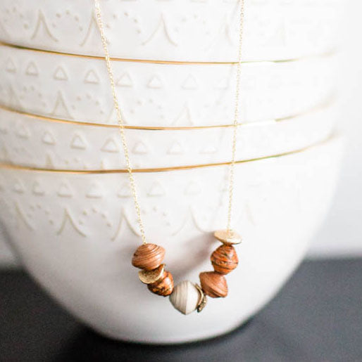 ethically made necklace on 18k gold plated chain with handmade paper beads