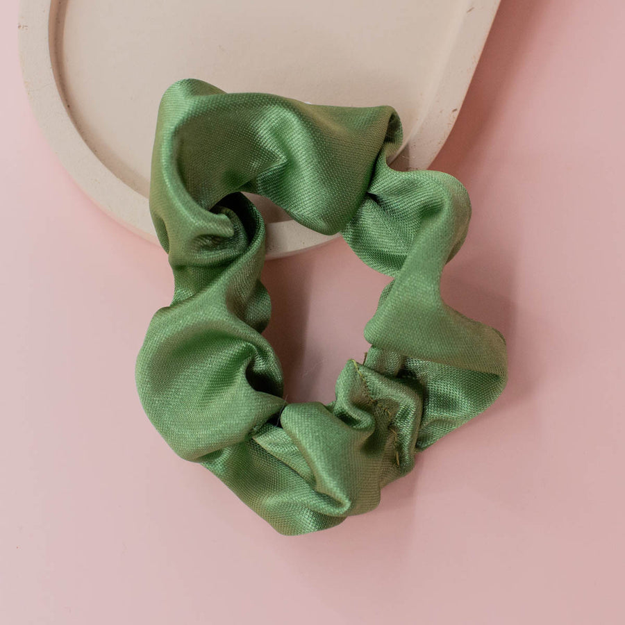ethically made green silky scrunchie